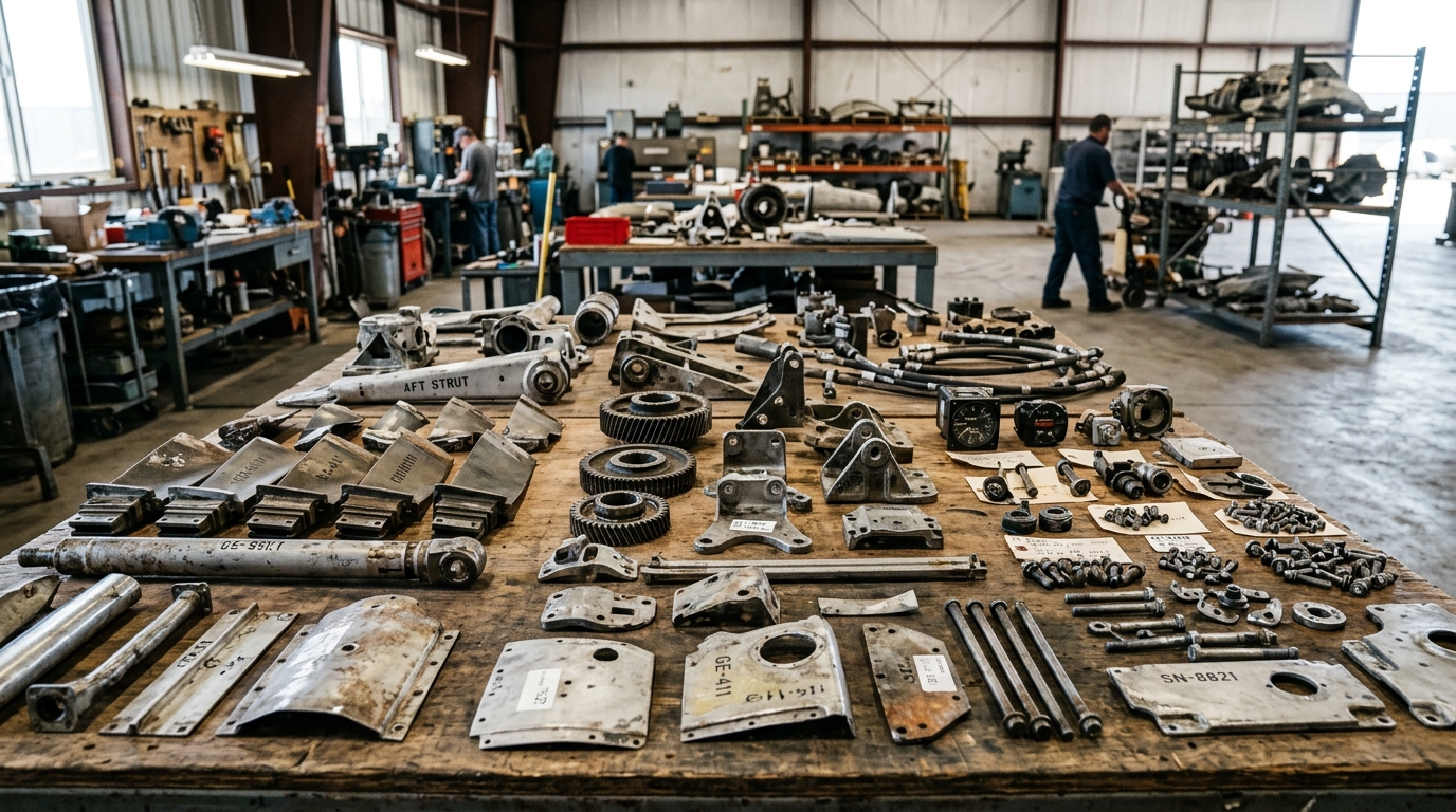 Pièces récupérées d'un Airbus A340 posées sur une table dans un atelier de recyclage aéronautique