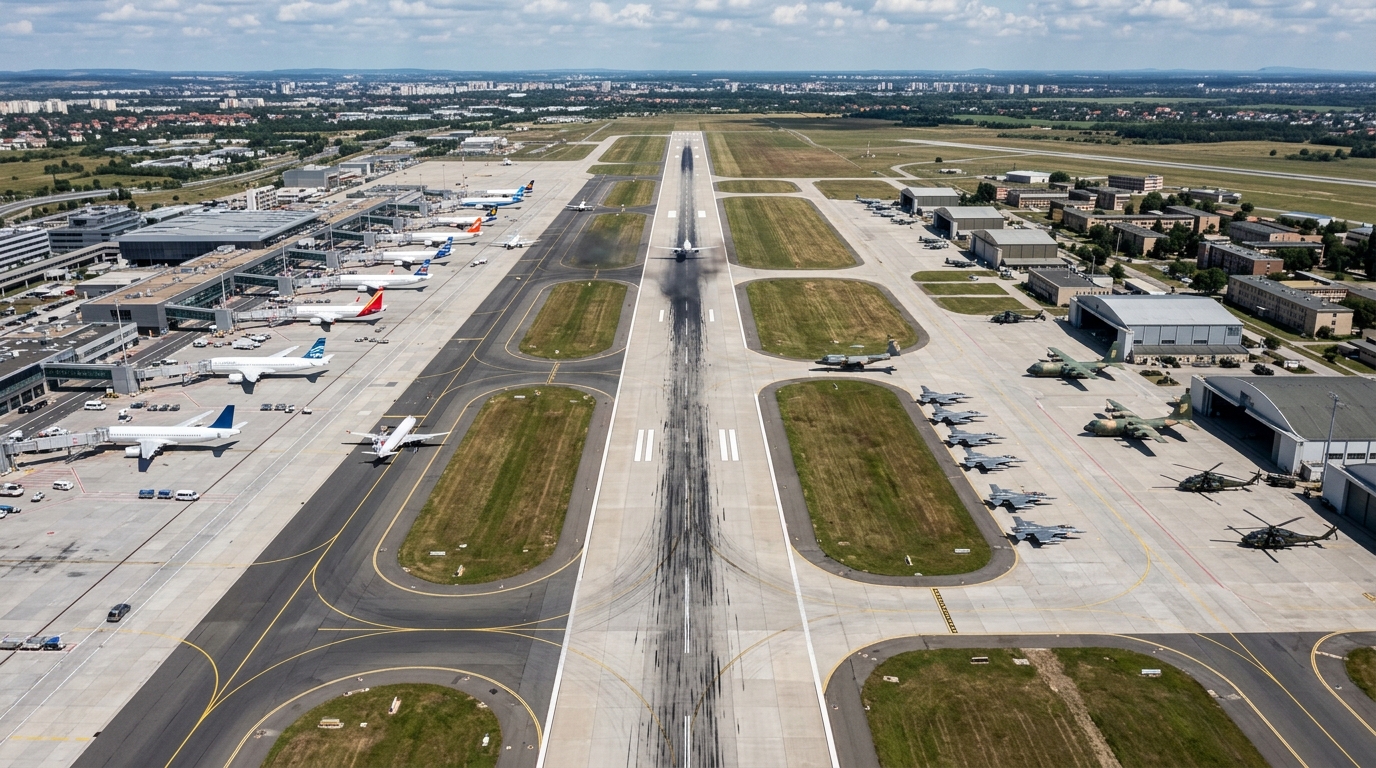 Piste d'atterrissage partagée entre avions civils et militaires vue du dessus