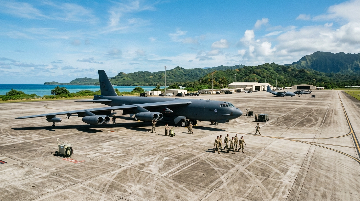 Piste de décollage et tarmac bétonné de la base aérienne Andersen à Guam avec des bombardiers B-52