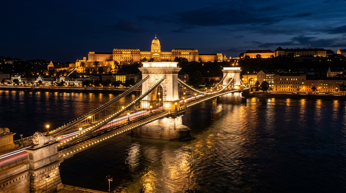 Pont des Chaînes de Budapest illuminé la nuit avec reflets sur le Danube