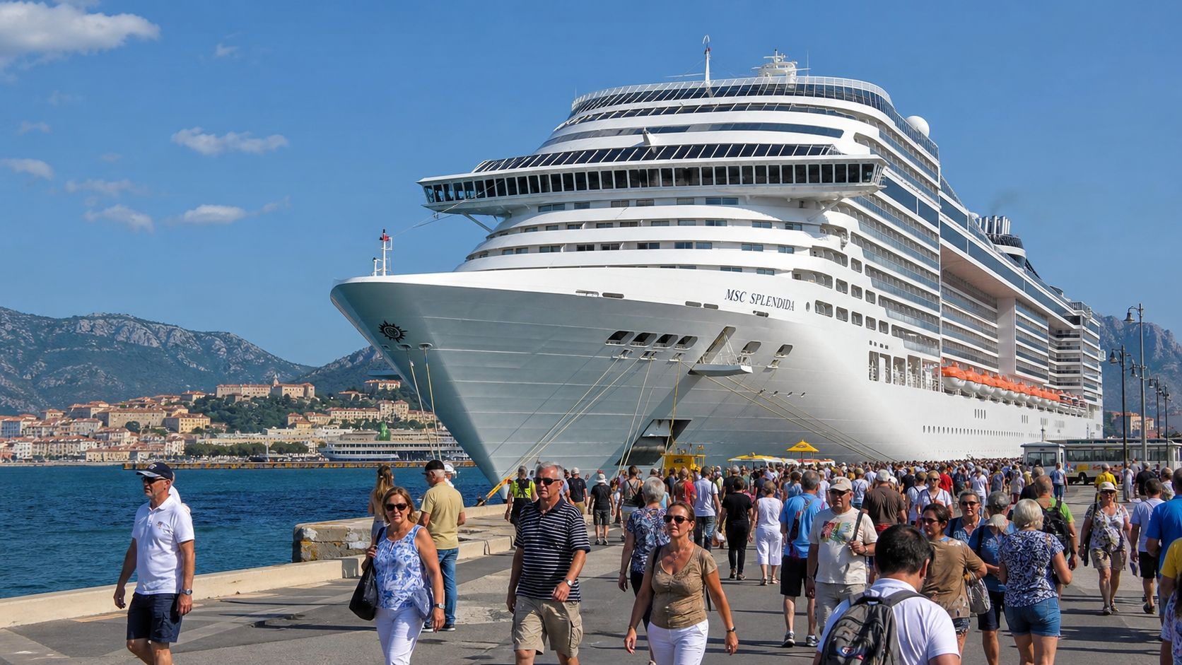 Port méditerranéen face à l'arrivée d'un énorme bateau de croisière