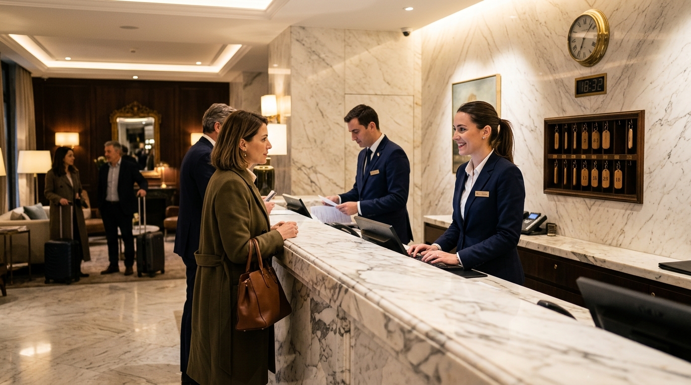 Réception d'un hôtel Marriott avec comptoir élégant et personnel d'accueil