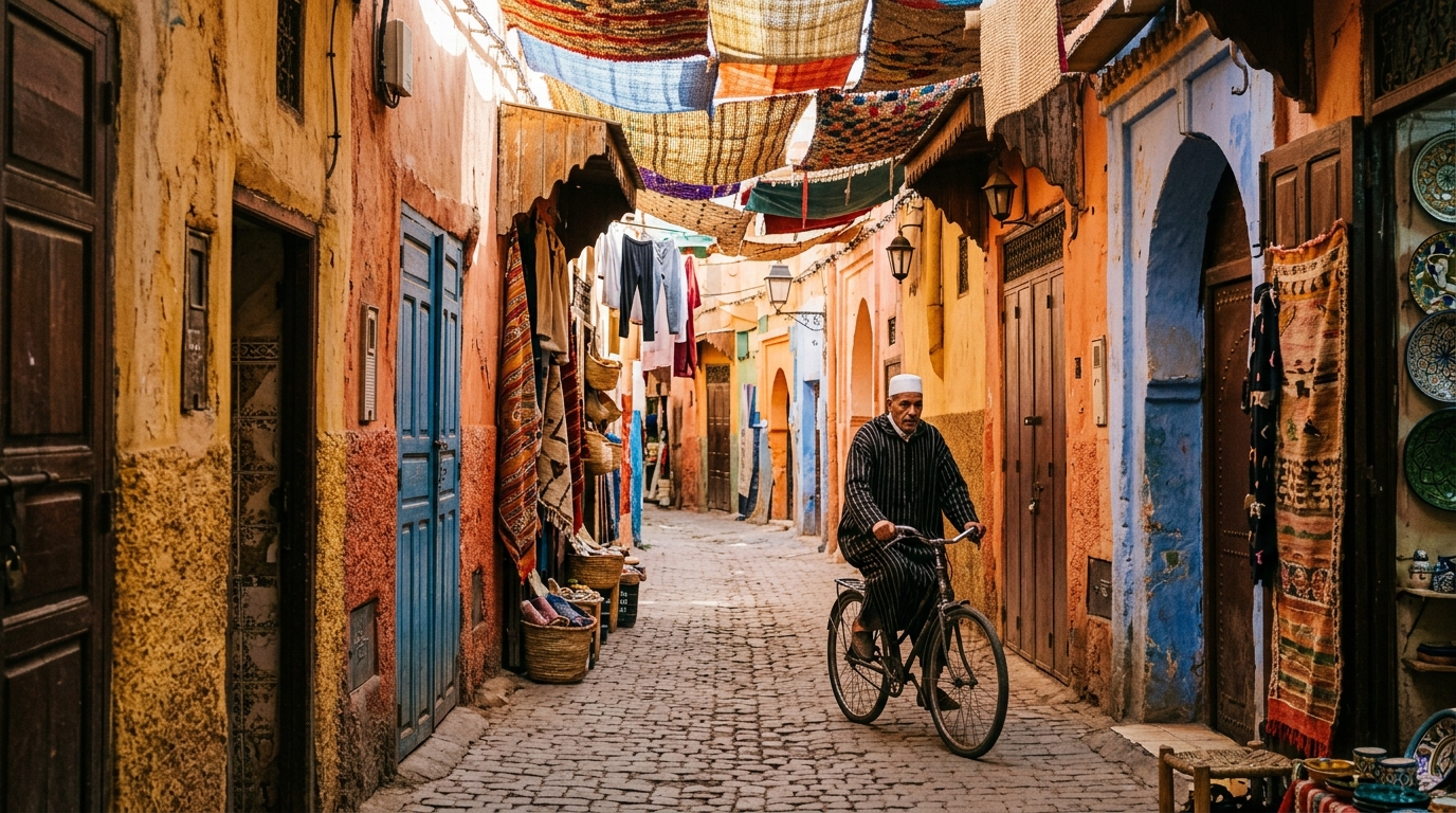Vue aérienne de la médina de Marrakech avec ses toits ocres et ses ruelles