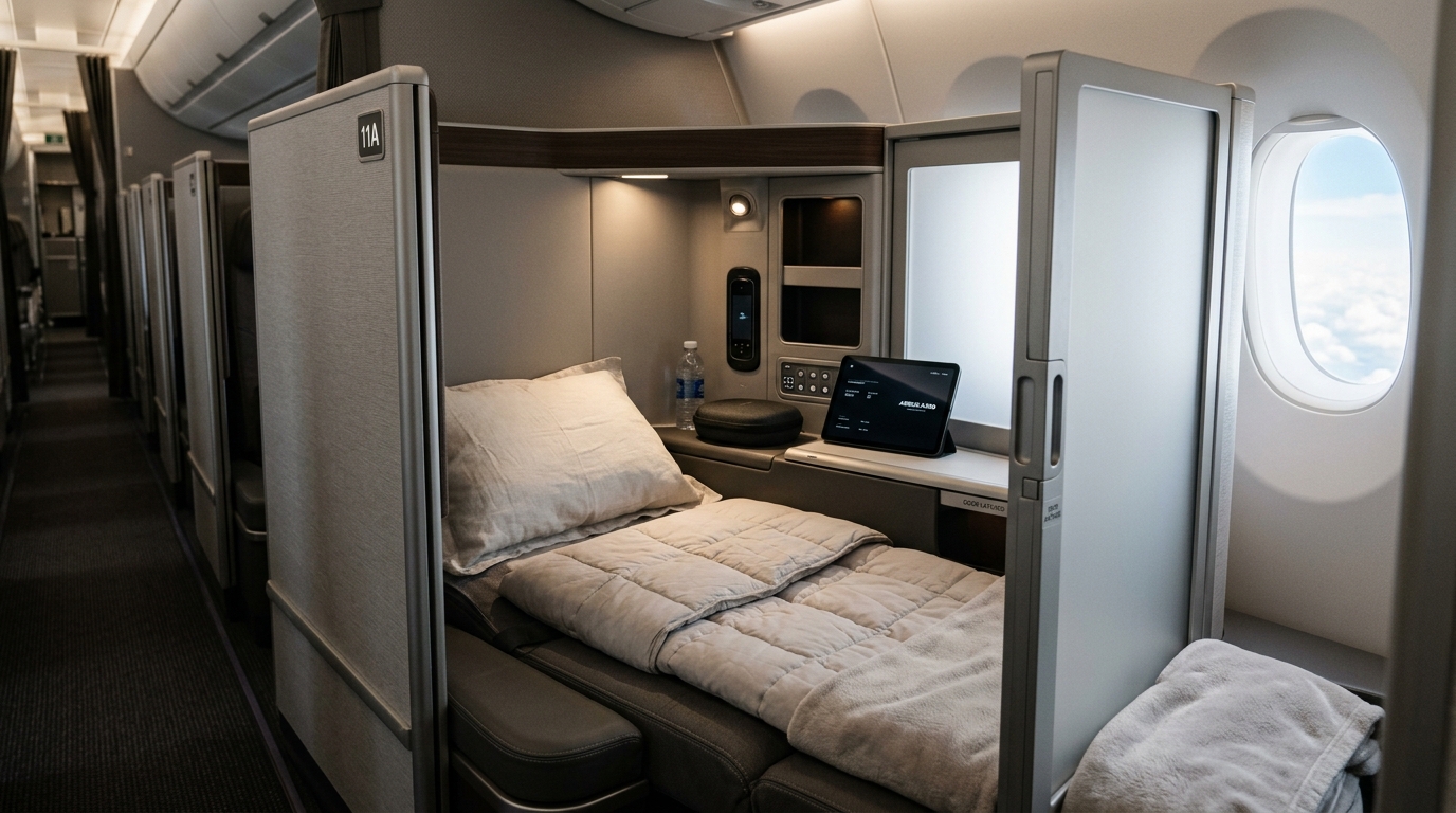 Cabine intérieure d'un Airbus A350-1000 avec sièges business en configuration porte fermée
