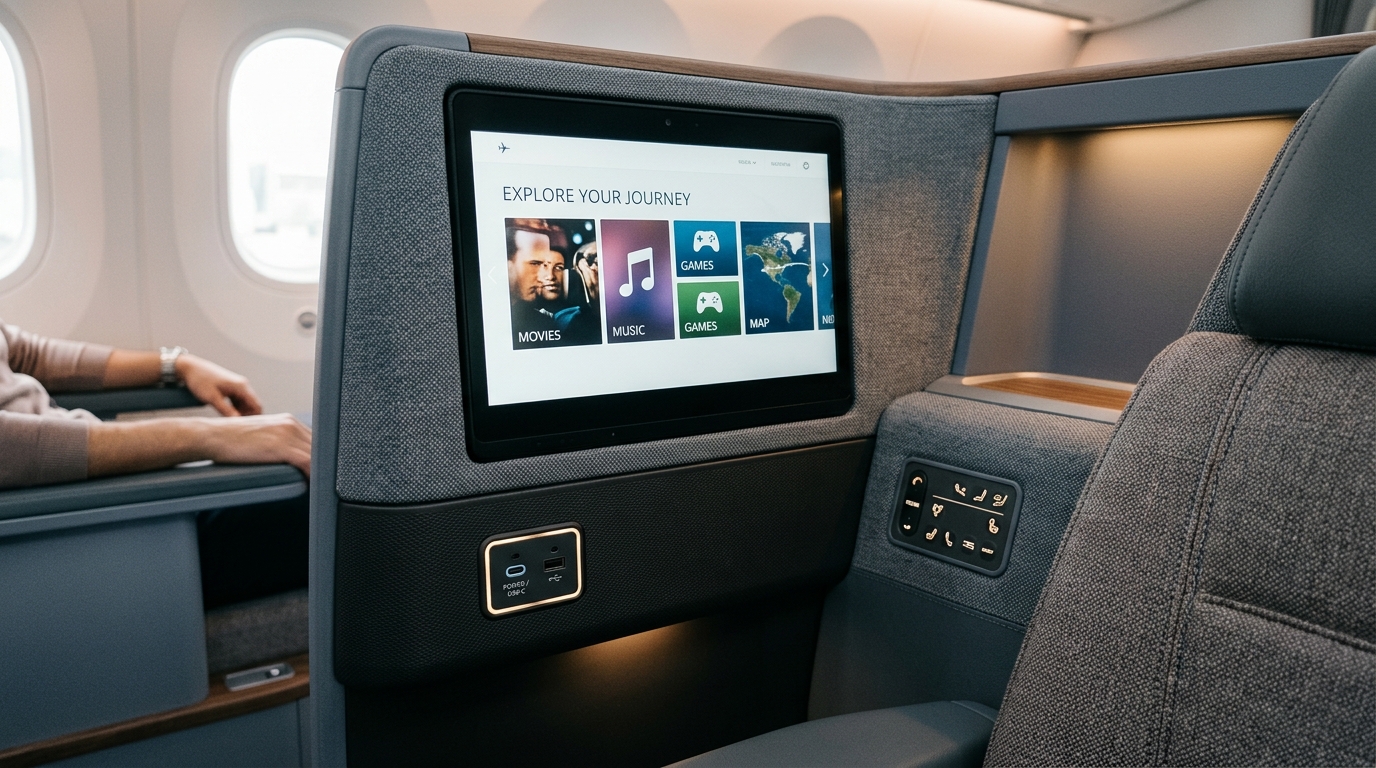 Siège business innovant dans un avion en 2026 avec design ergonomique et écran tactile