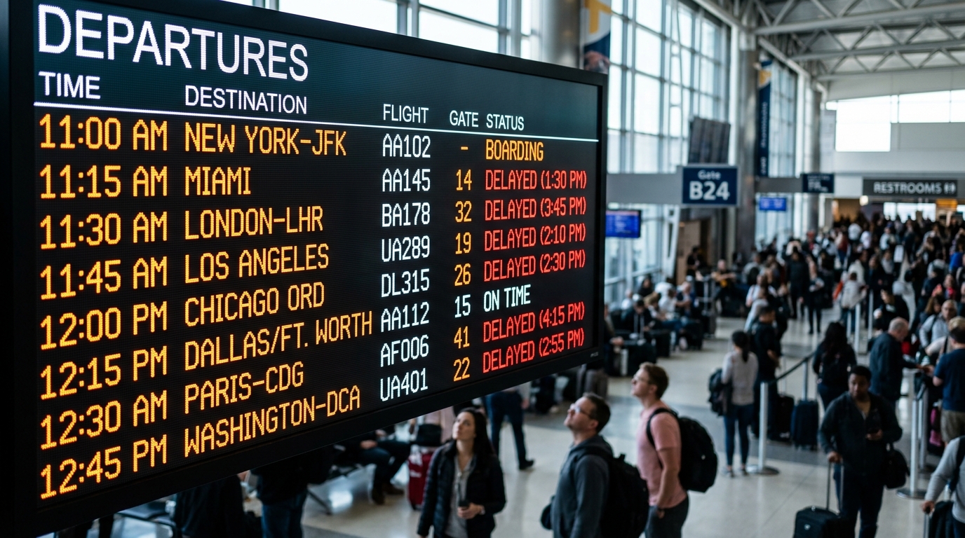 Aéroport américain avec tableau d'affichage de vols retardés Southwest Airlines