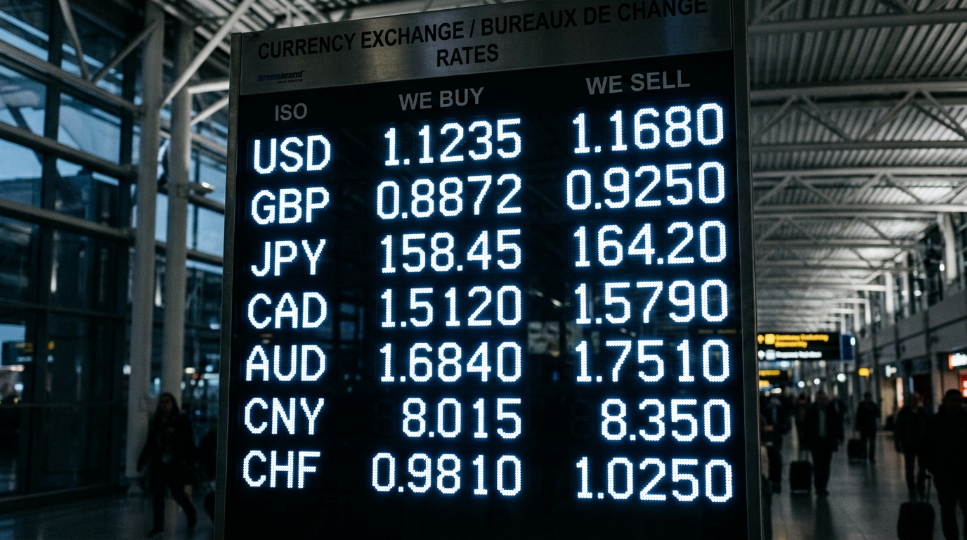 Bureau de change à l'aéroport avec affichage de taux