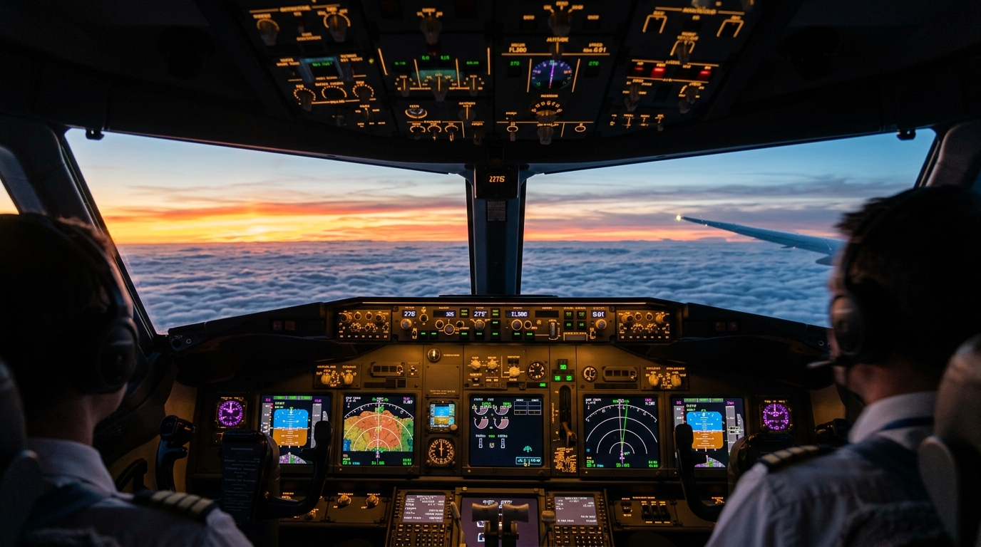 Tableau de bord d'un cockpit d'avion long-courrier avec vue sur les nuages
