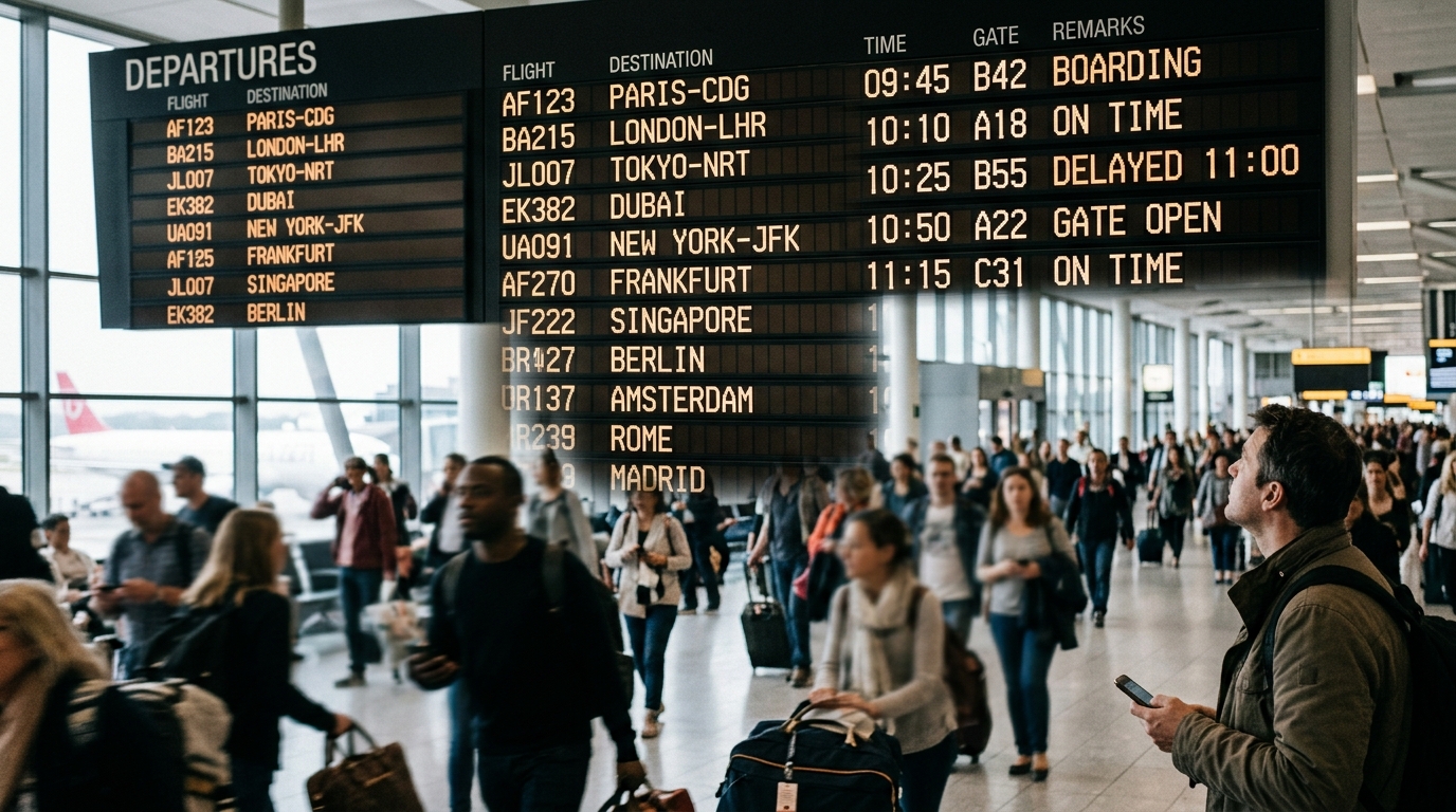 Tableau des départs dans un aéroport international avec de nouvelles destinations affichées