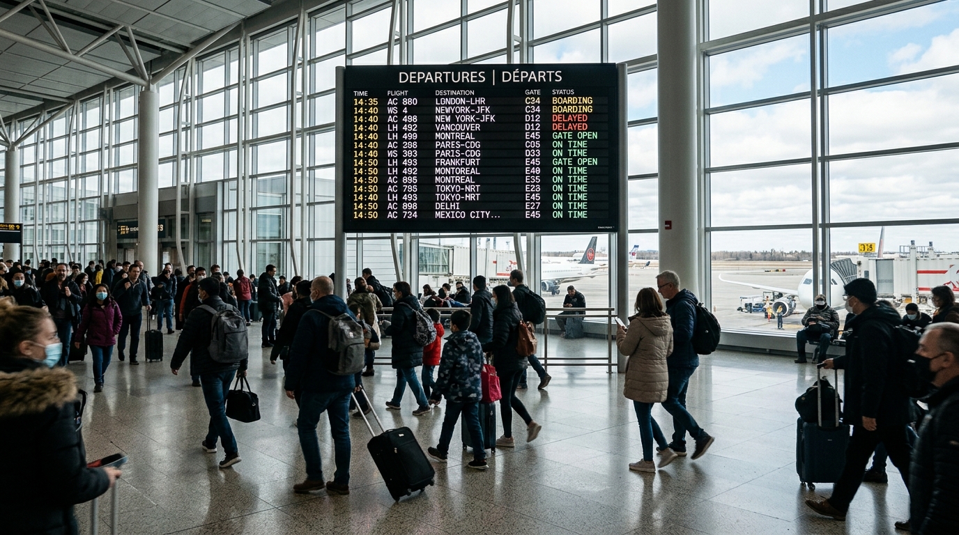Tableau des départs et arrivées dans un grand aéroport international canadien