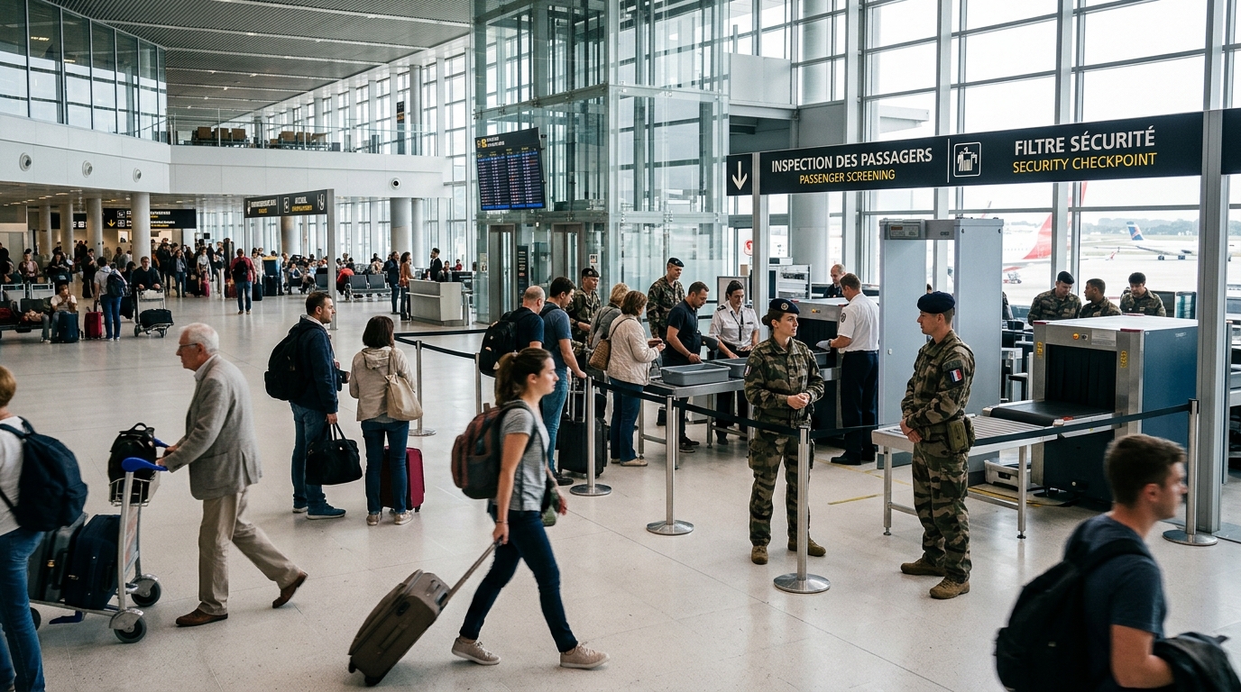 Terminal civil d'un aéroport mixte avec présence de personnel en uniforme militaire en arrière-plan