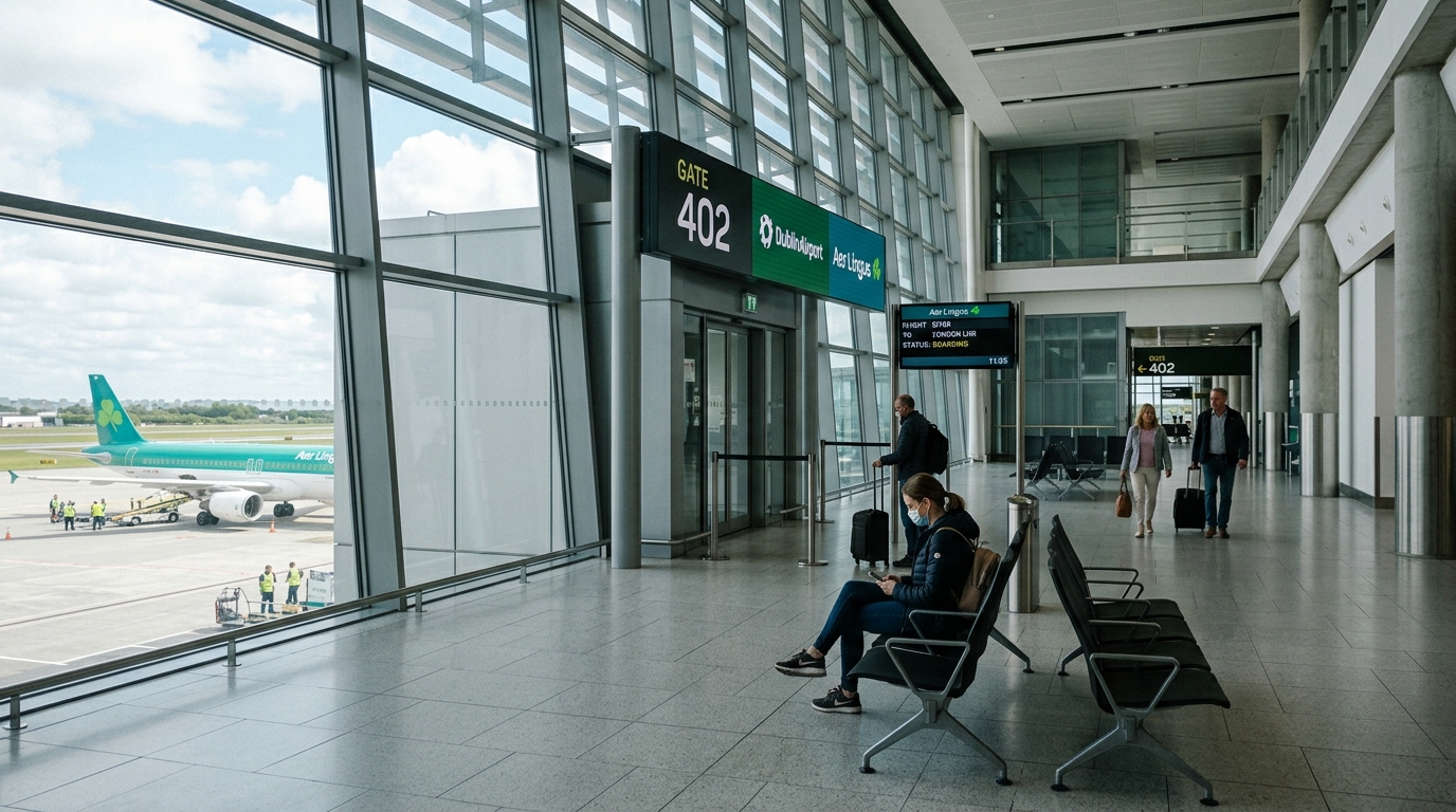 Terminal de Dublin Airport avec des passagers peu nombreux au départ d'un vol Aer Lingus vers les USA
