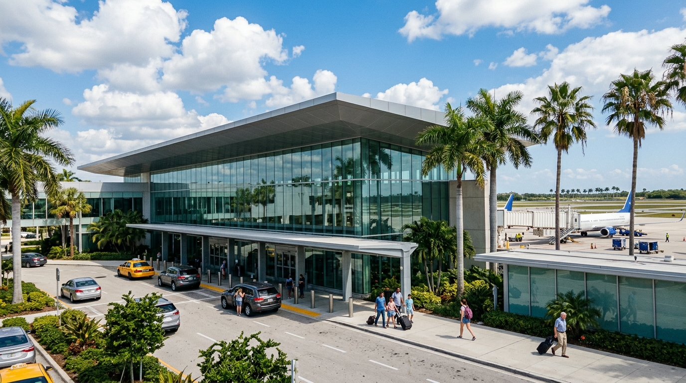 Aéroport DJT Palm Beach vue aérienne avec piste et terminal moderne