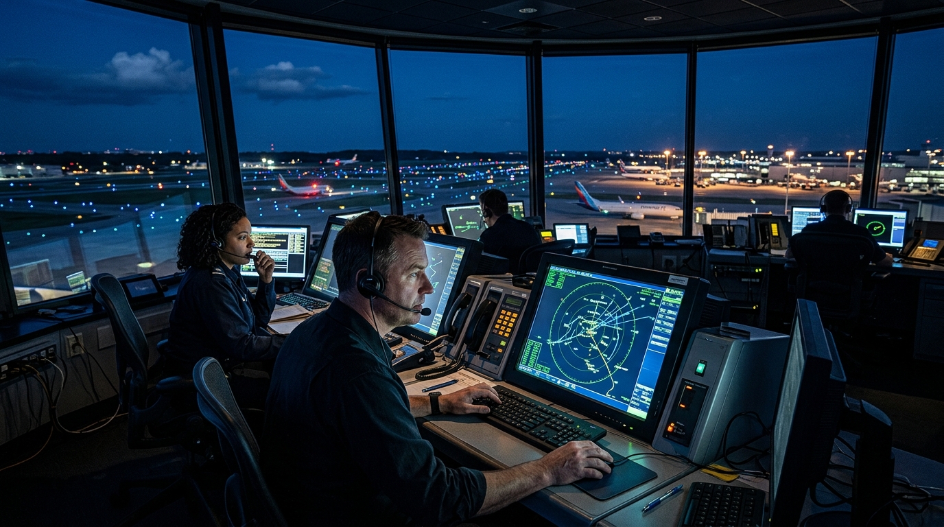 Tour de contrôle aérien de nuit avec radar en activité