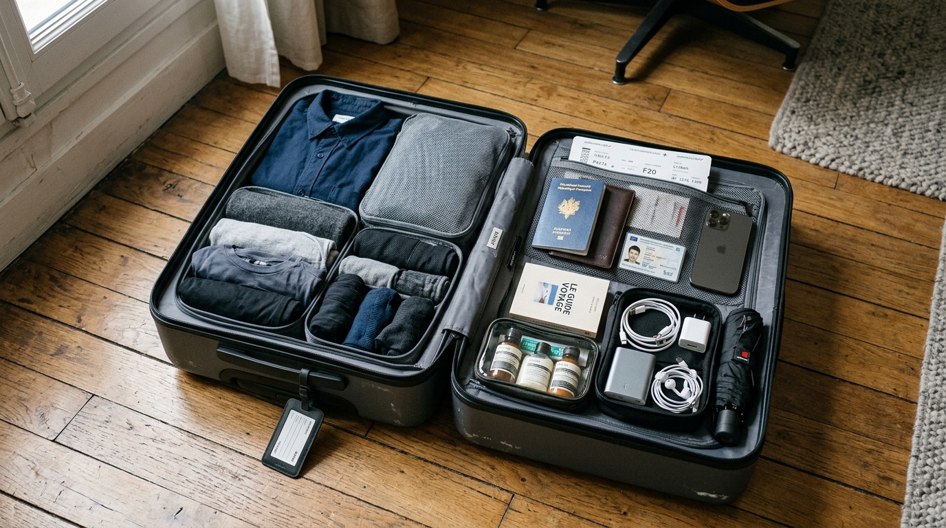 Voyageur préparant sa valise cabine pour un weekend