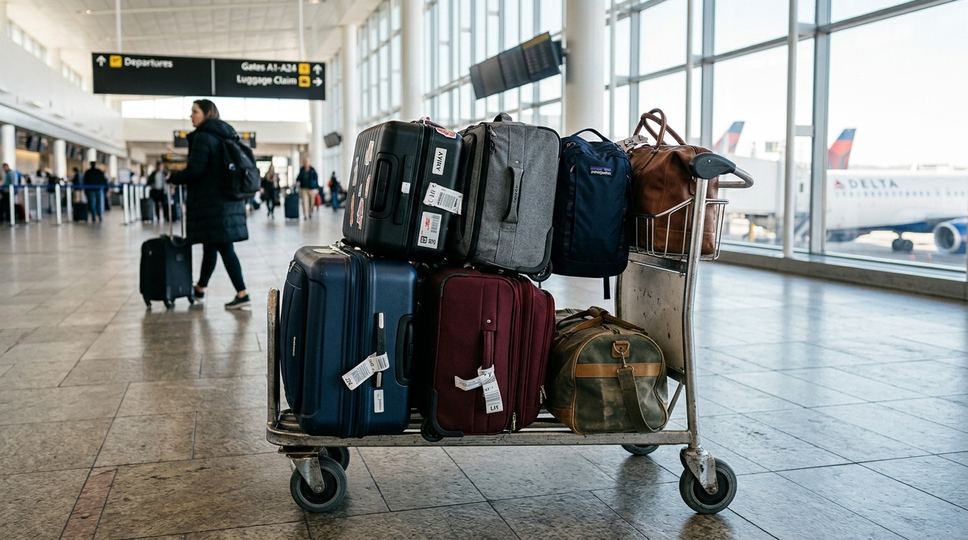 Valises de différentes tailles posées sur un chariot d'aéroport européen
