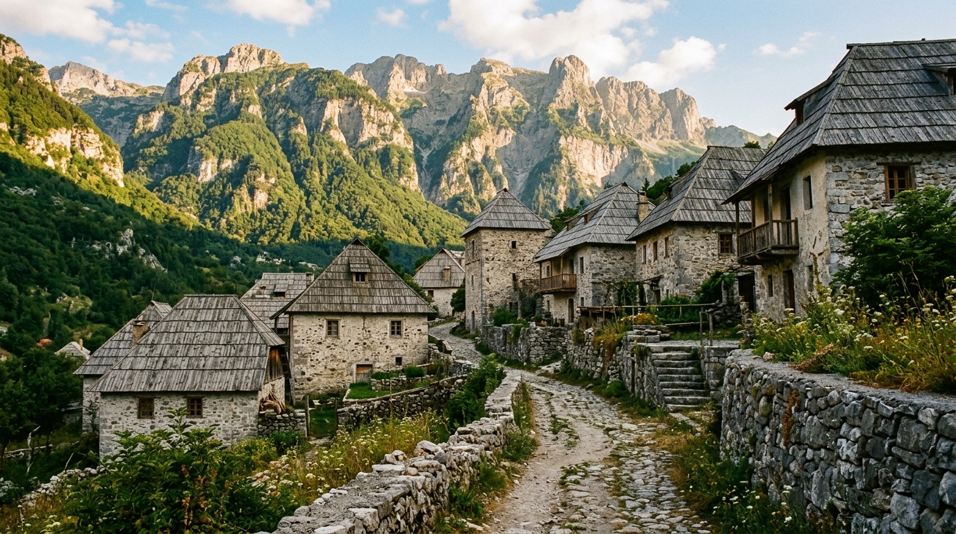 Village de montagne albanais avec maisons en pierre et sentier de randonnée