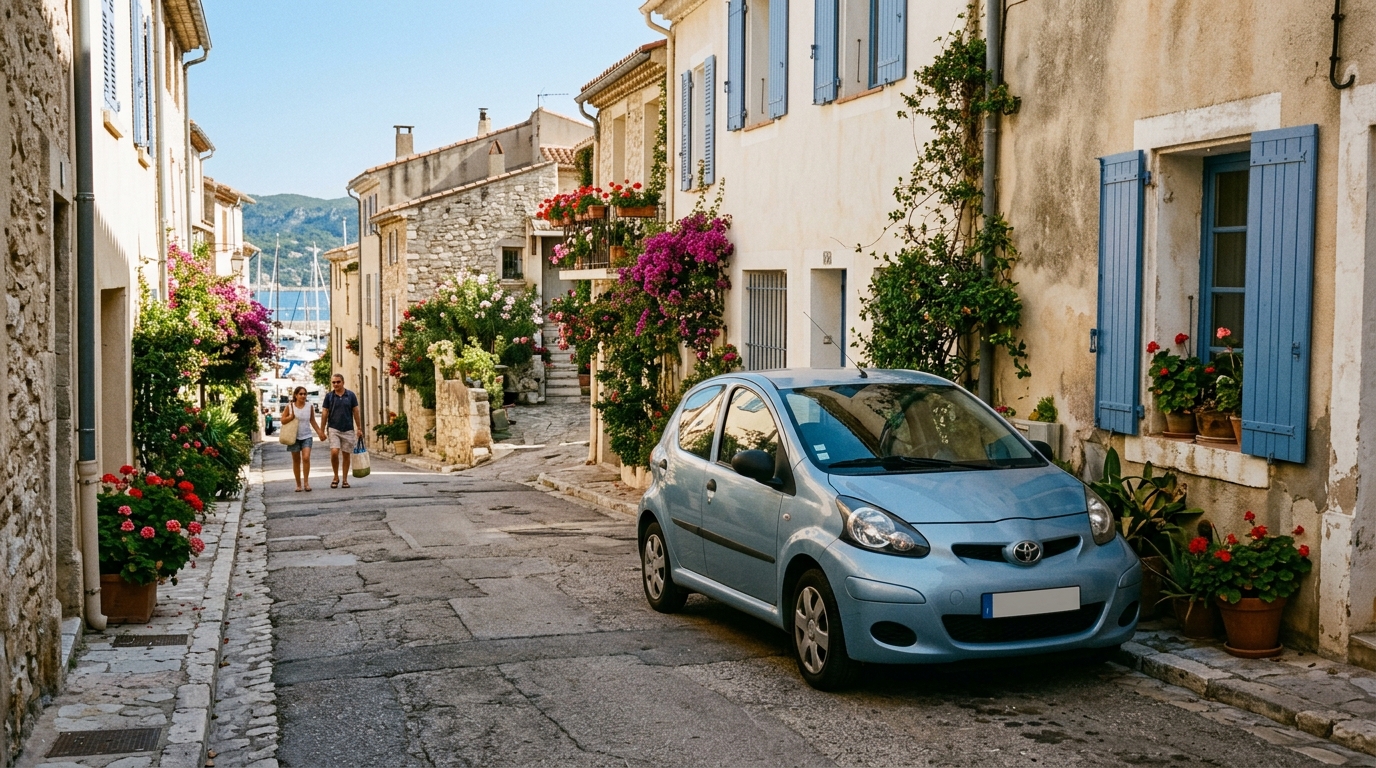 Voiture de location garée dans une rue étrangère ensoleillée