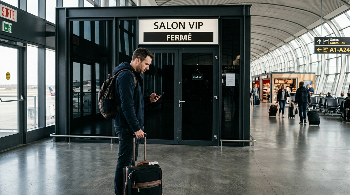 Voyageur avec valise devant l'entrée fermée d'un salon d'aéroport
