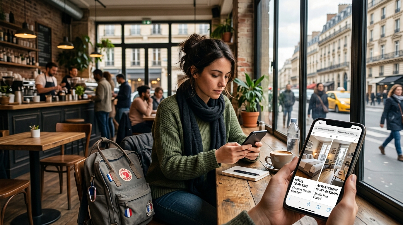Voyageur comparant les prix d'un hôtel et d'un appartement Airbnb sur son téléphone