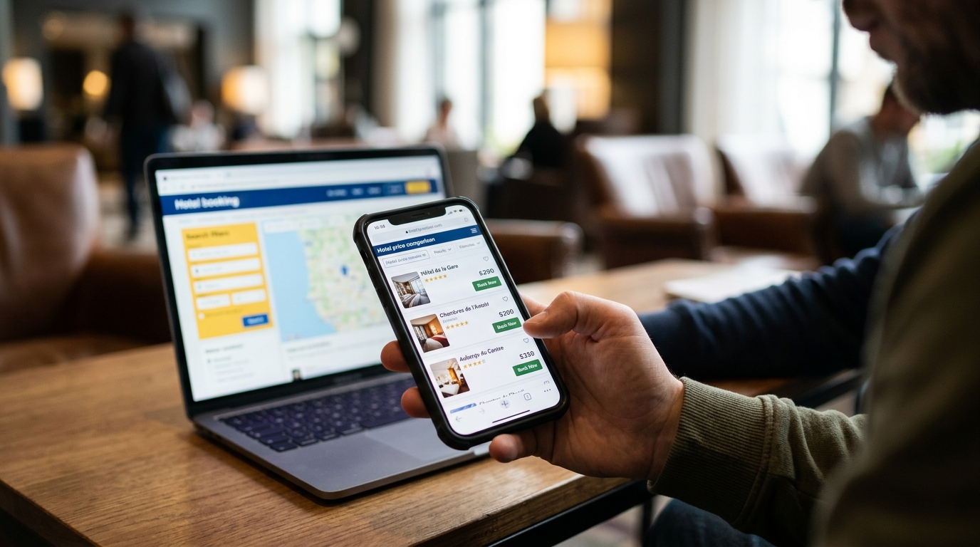 Voyageur comparant les prix d'un hôtel sur son téléphone et sur un ordinateur portable