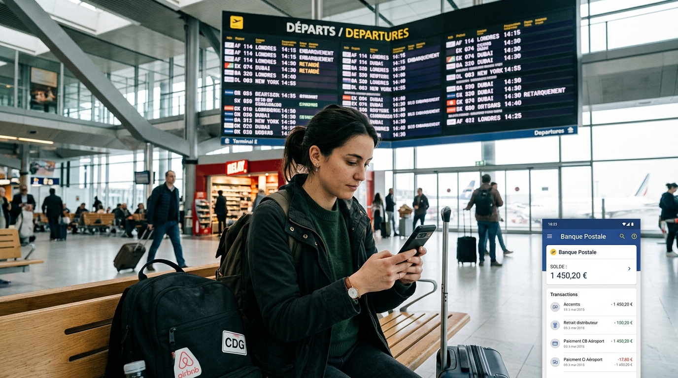 Personne consultant son application bancaire à l'aéroport avec un billet d'avion