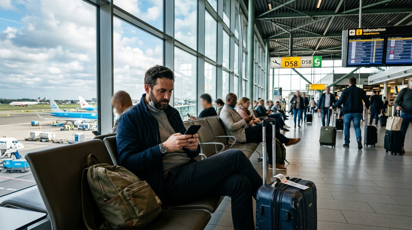 Voyageur consultant son application bancaire dans un aéroport moderne