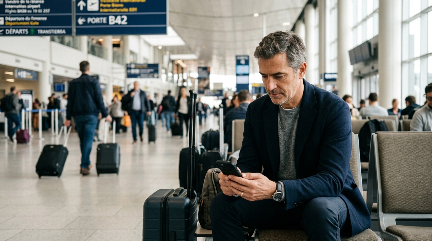 Voyageur consultant son téléphone avec une application de programme de fidélité hôtelière