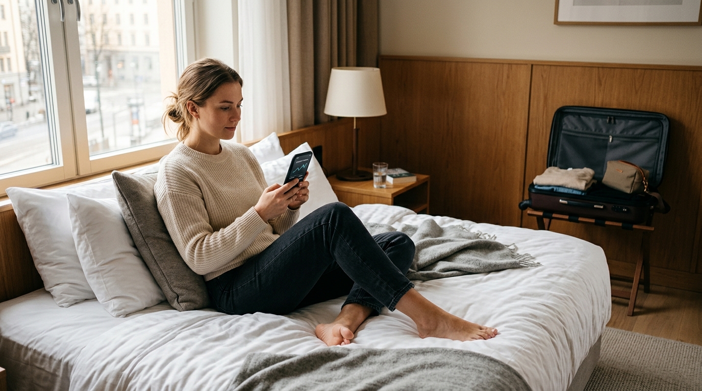 Voyageur consultant son programme de fidélité hôtelier sur smartphone dans une chambre d'hôtel confortable
