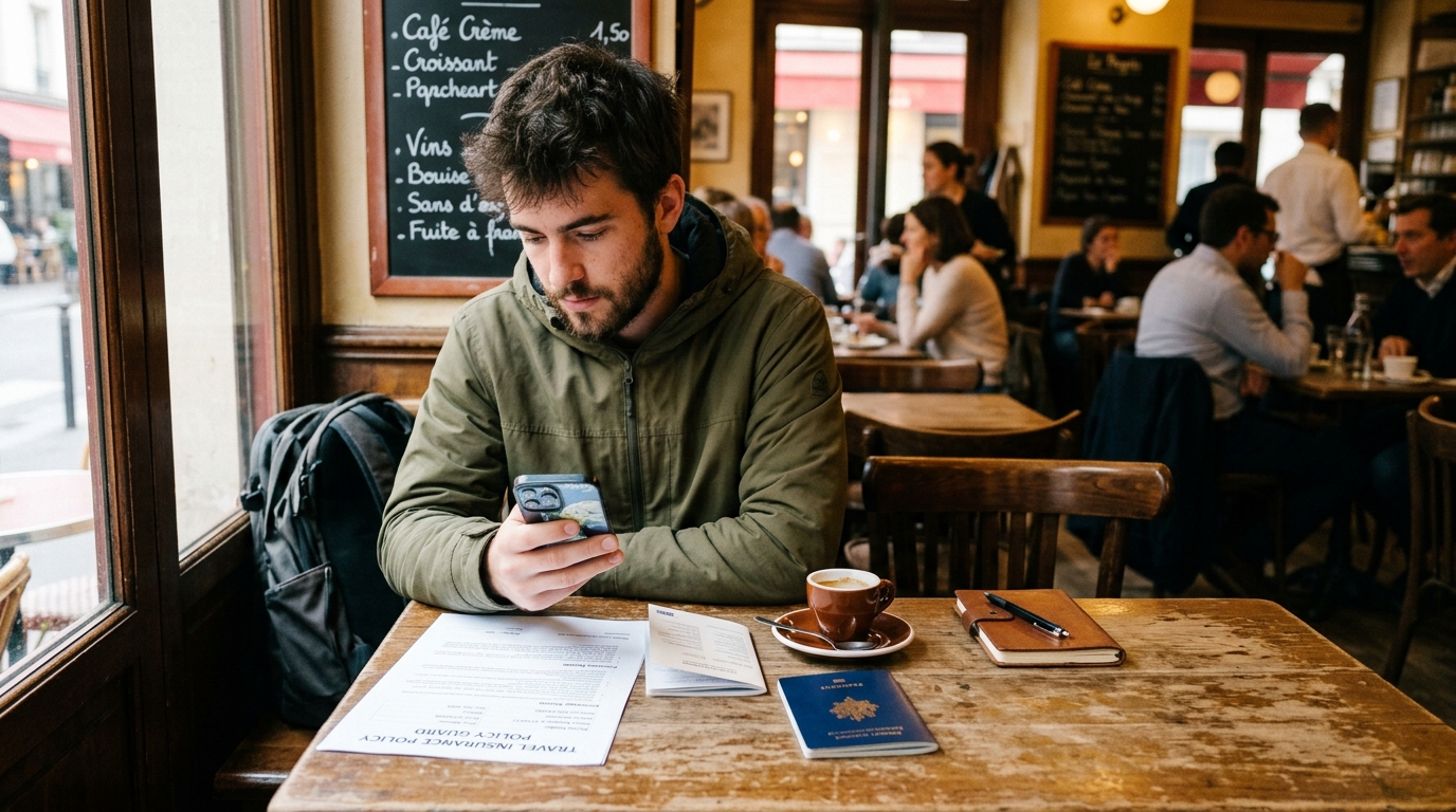 Voyageur consultant son téléphone avec des documents d'assurance voyage sur une table de café