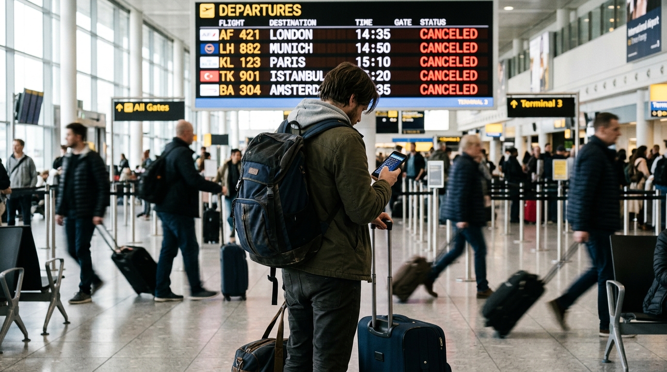 Passager consultant son téléphone face à un tableau de vols annulés dans un aéroport