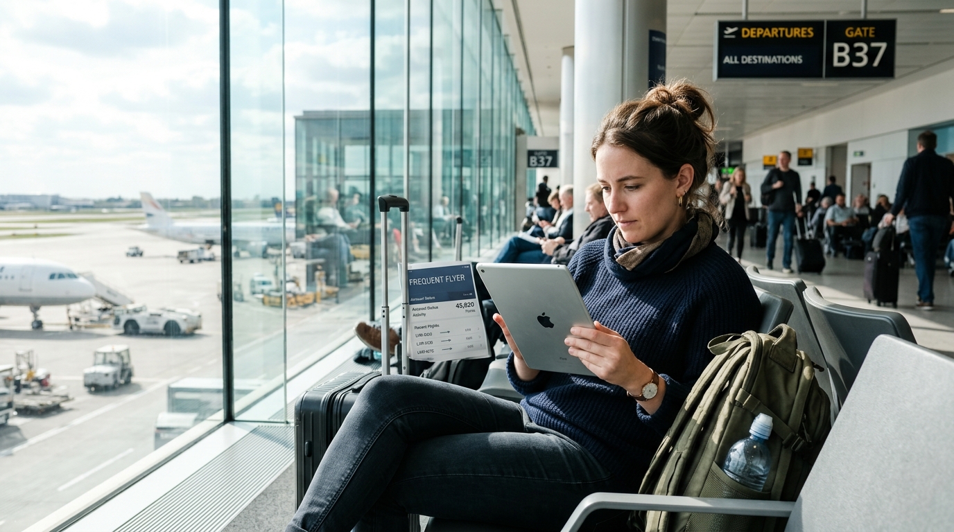 Voyageur consultant un programme de fidélité aérien sur tablette dans un aéroport