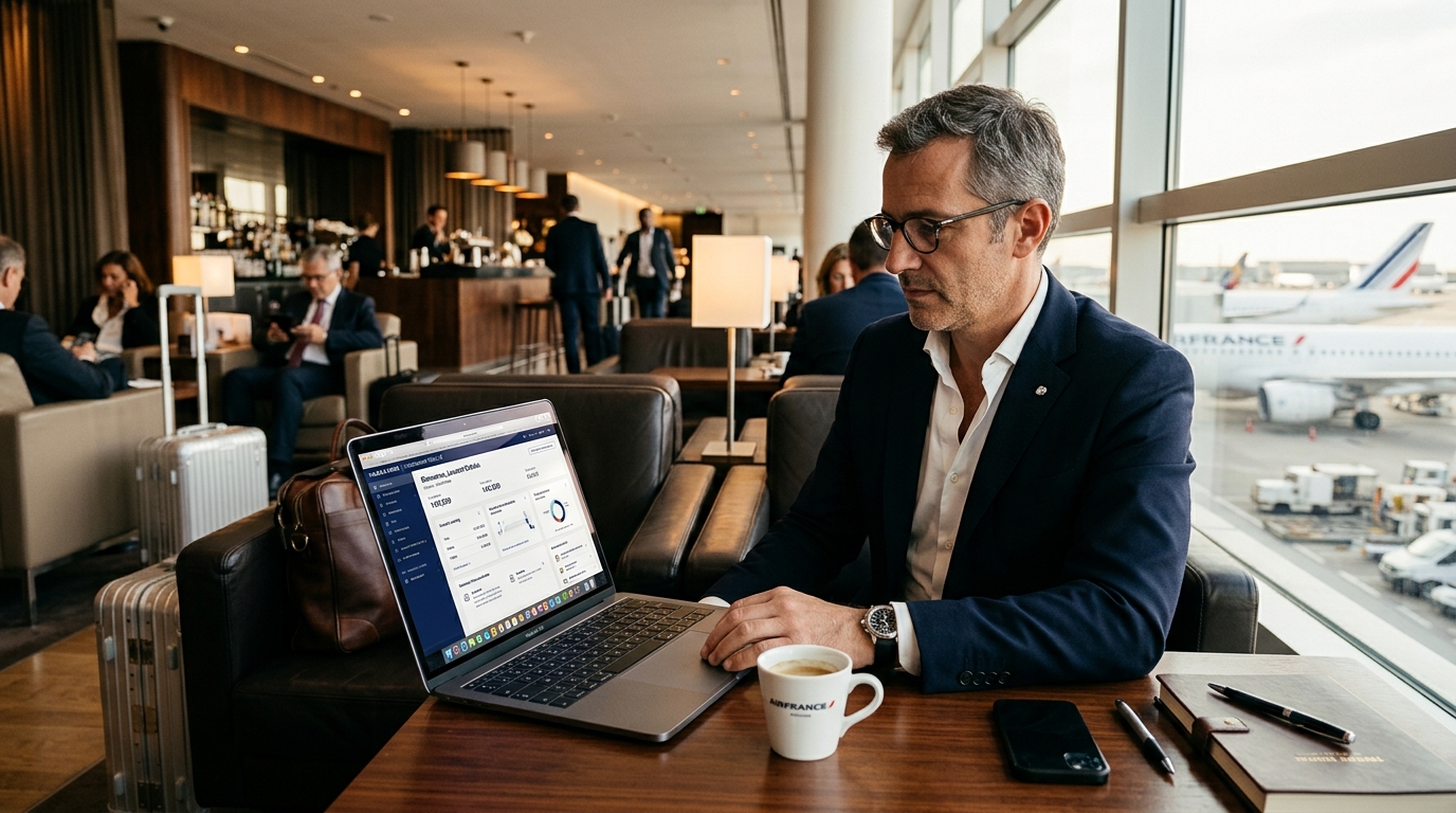 Voyageur d'affaires qui consulte son compte American Airlines sur un laptop dans un salon d'aéroport