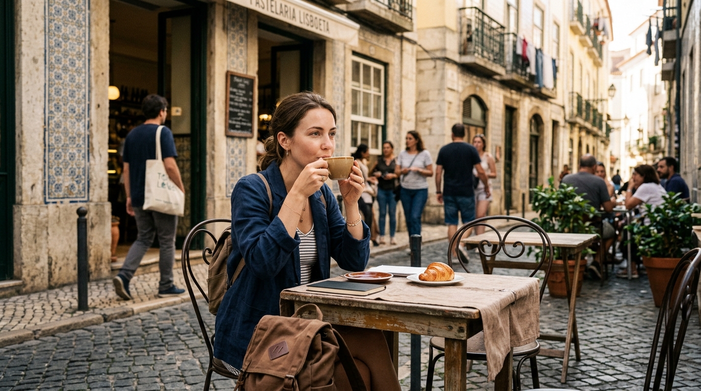 Voyageur prenant son café dans un café local animé à l'étranger, ambiance authentique