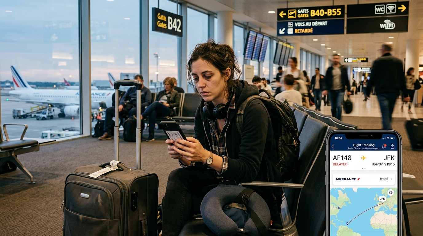 Voyageur consulte son application de suivi vol dans un aéroport américain