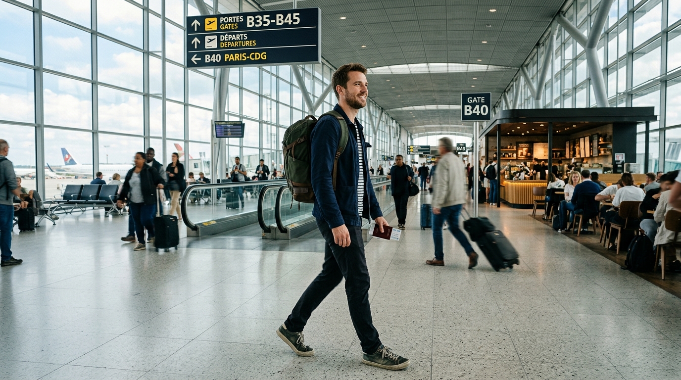 Voyageur serein à l'aéroport grâce à une bonne assurance voyage
