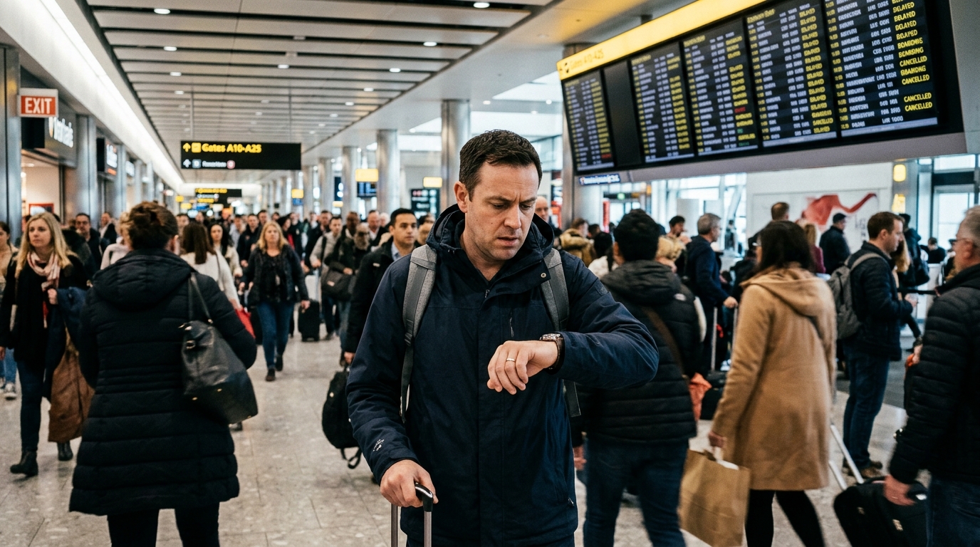 Voyageur stressé regardant l'heure dans un aéroport chargé