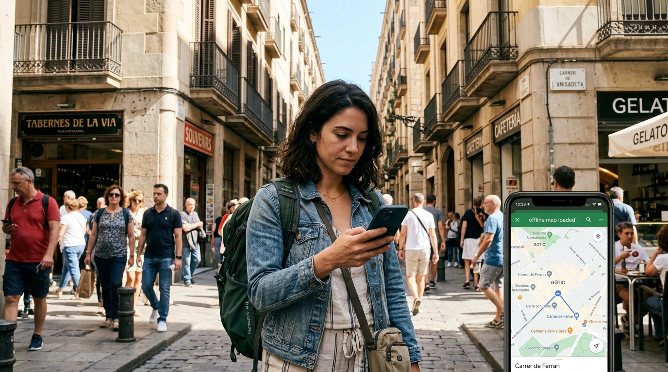 Voyageur consultant son téléphone avec carte hors ligne en voyage à l'étranger
