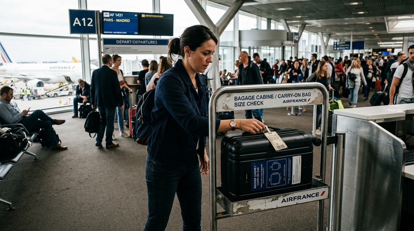 Personne vérifiant les dimensions de son bagage cabine avec un gabarit d'aéroport