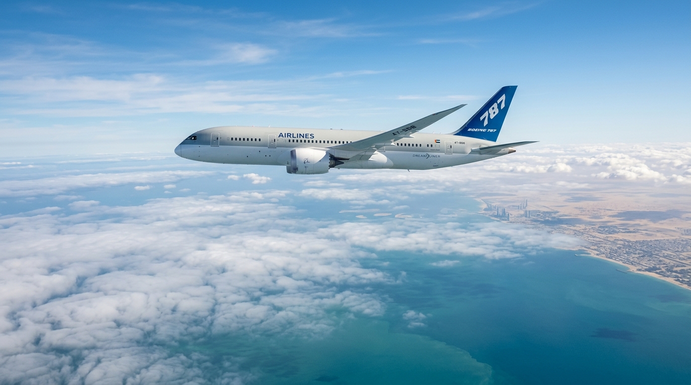 Vue aérienne d'un Boeing 787 Dreamliner en vol au-dessus des nuages