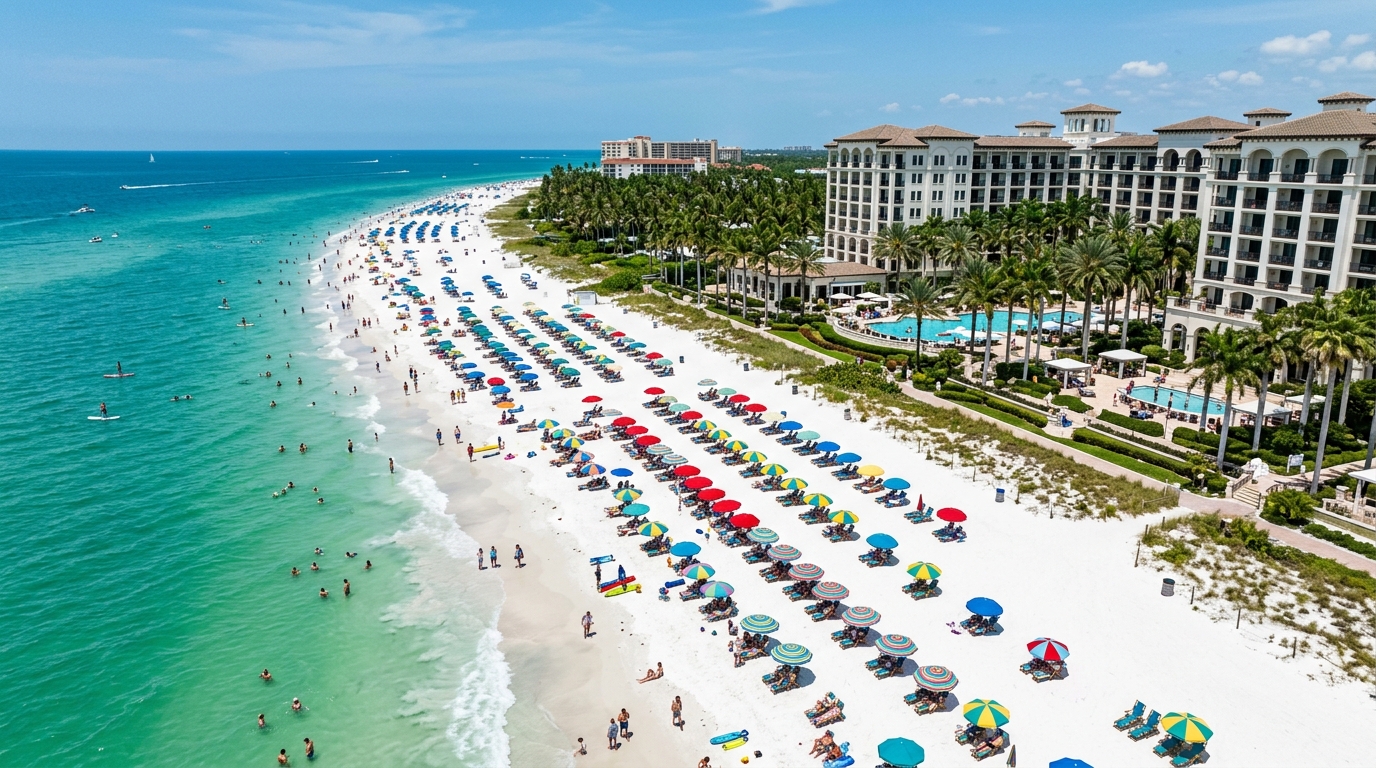 Vue aérienne d'une plage privée en Floride avec chaises longues et palmiers devant un resort luxueux