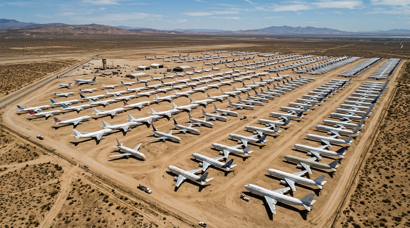 Vue aérienne du boneyard de Roswell avec des dizaines d'avions stationnés