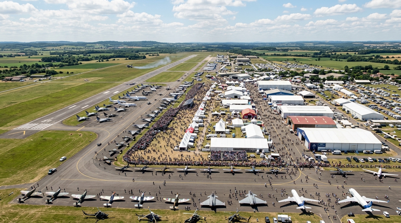 Vue aérienne du site de Farnborough Airshow avec avions en vol et foule au sol