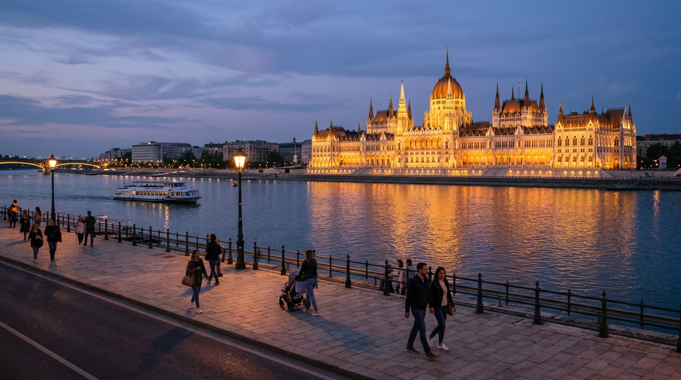 Vue panoramique sur le Parlement de Budapest depuis le bord du Danube au coucher du soleil
