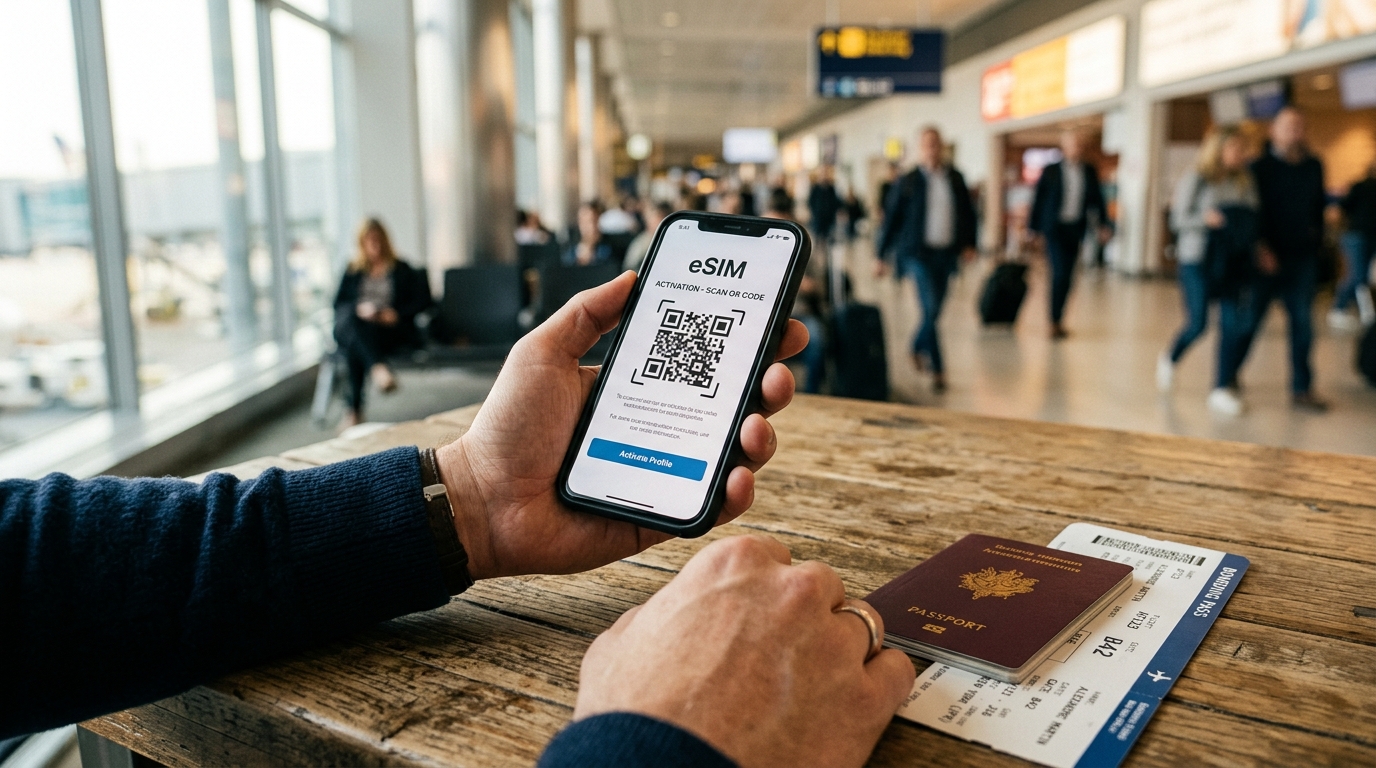 Voyageur consultant son smartphone pour activer une eSIM avant un voyage international