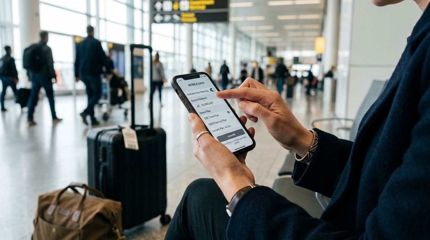 Voyageur utilisant une eSIM sur son smartphone dans un aéroport international
