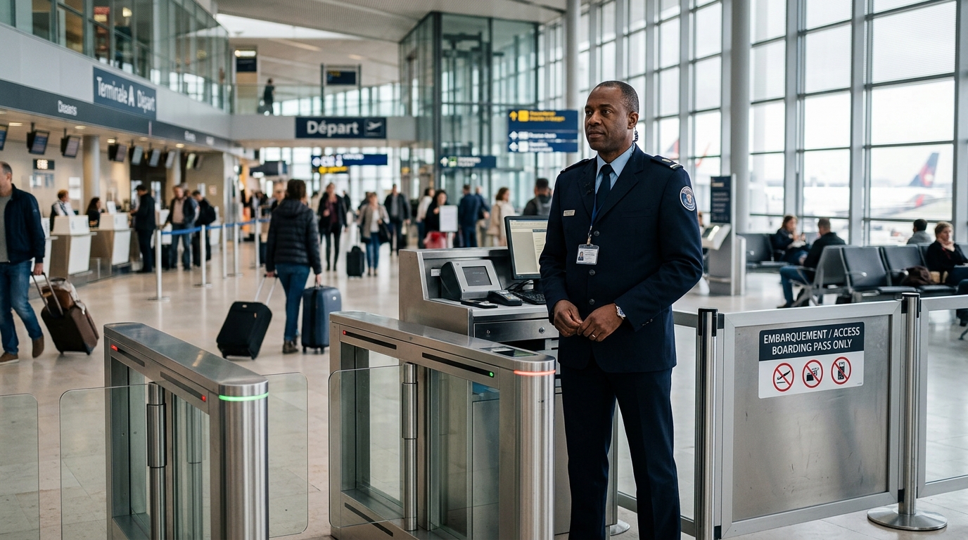 Agent de sécurité aéroportuaire devant une barrière de contrôle