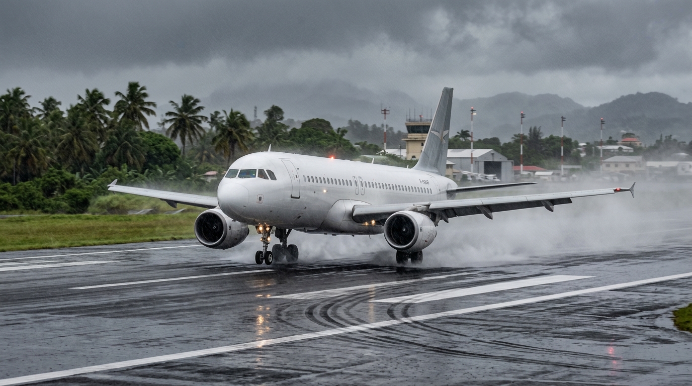 Airbus A320 de Latam sur une piste d'aéroport sous la pluie au Brésil