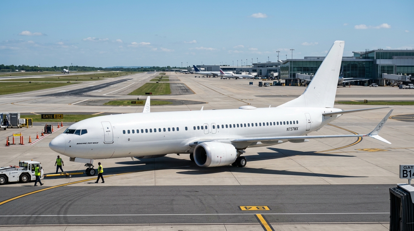 Boeing 737 MAX 10 sur le tarmac d'un aéroport, vue extérieure