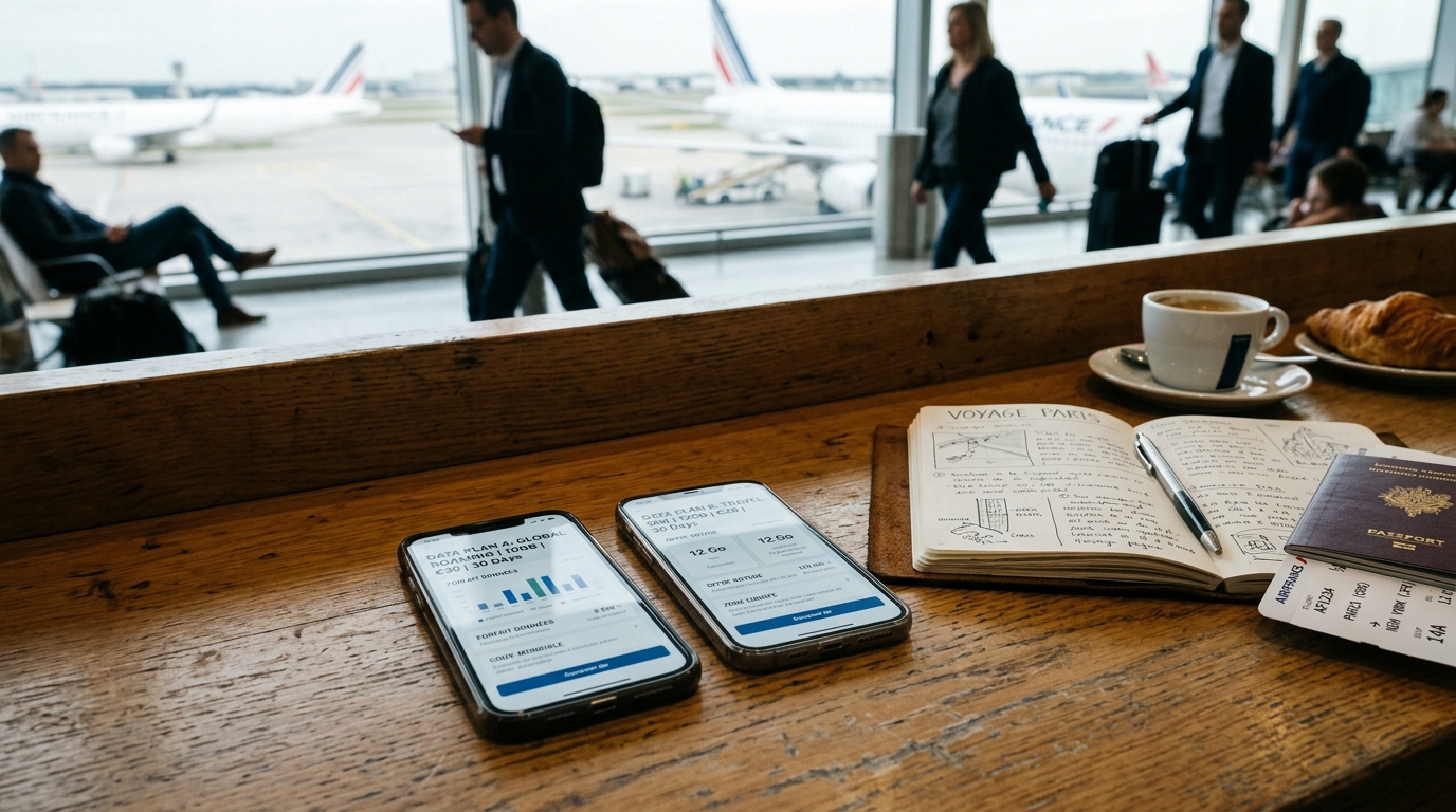 Comparaison de deux smartphones affichant des forfaits eSIM internationaux pour voyageurs